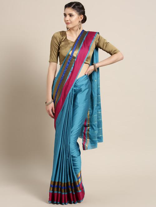 sky blue cotton silk bordered saree with blouse - 15235959 - Very Small Image - 1