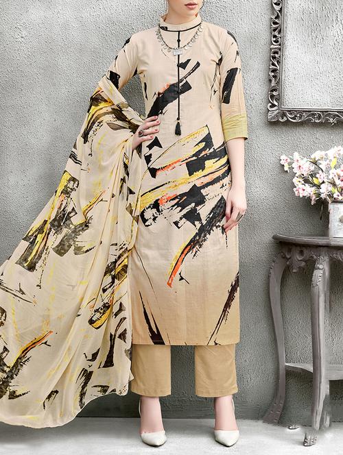 cream cotton unstitched palazzo suit - 15235975 - Very Small Image - 1