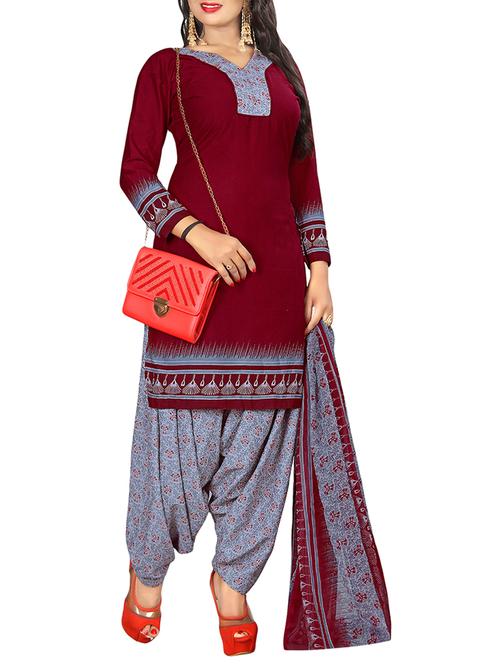 maroon crepe unstitched churidaar suit - 15235995 - Very Small Image - 1