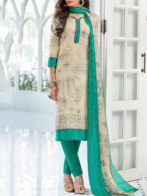 beige cotton blend unstitched churidaar suit - 15236017 - Very Small Image - 1