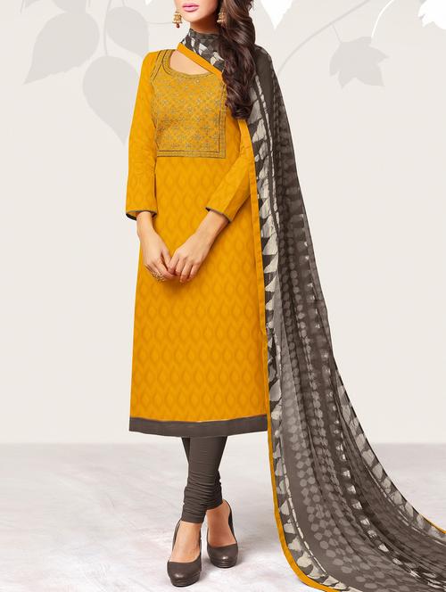 mustard embroidered unstitched churidaar suit - 15236030 - Very Small Image - 1
