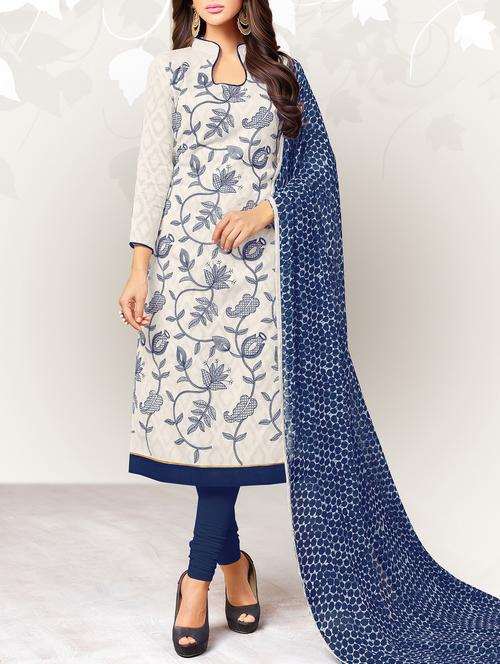 white embroidered unstitched churidaar suit - 15236031 - Very Small Image - 1