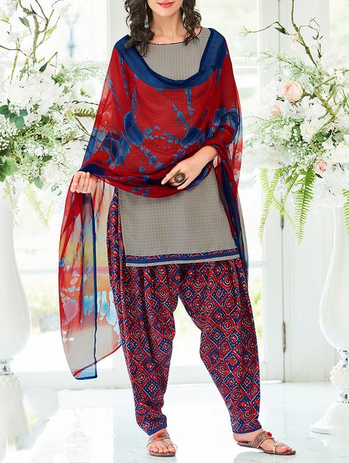 grey cotton blend unstitched patiyalal suit - 15236042 - Very Small Image - 1