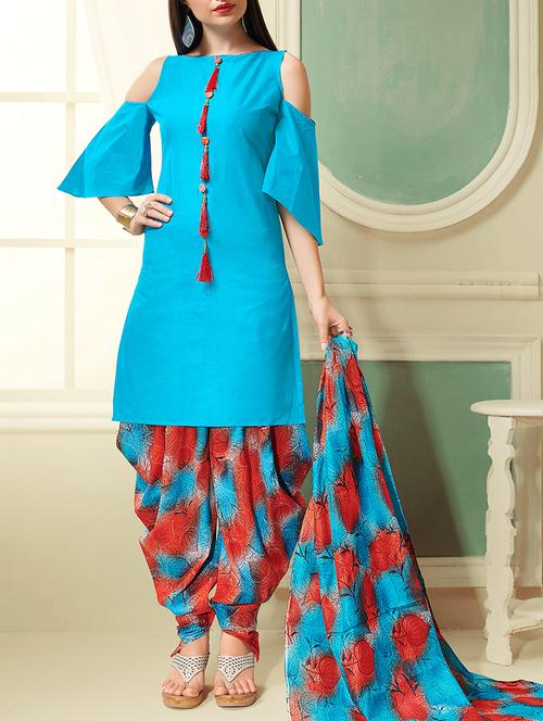 blue cotton unstitched patiyalal suit - 15236046 - Very Small Image - 1