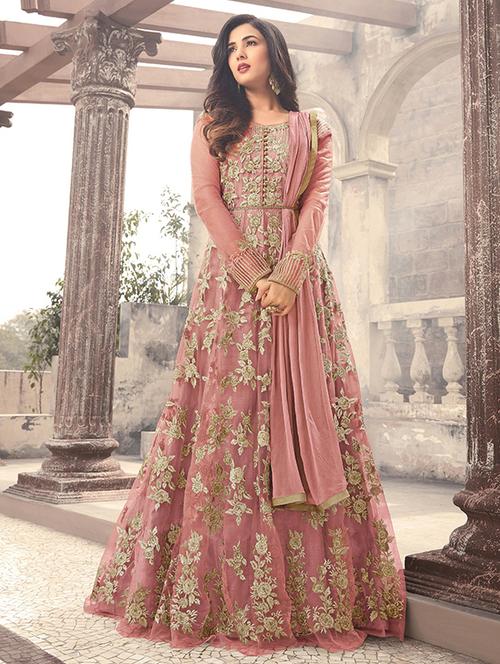 zari embroidered semi-stitched anarkali suit - 15236770 - Very Small Image - 1
