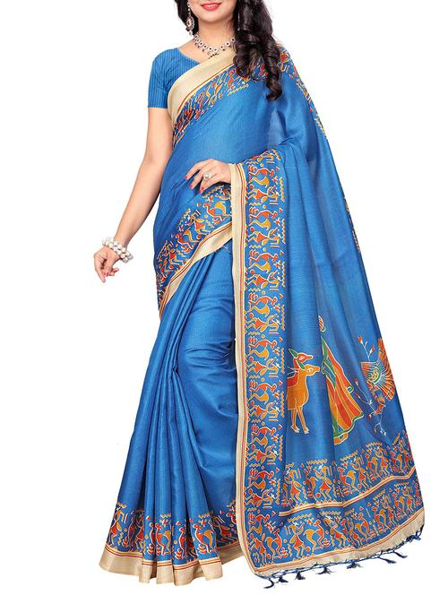 sky blue silk blend printed saree with blouse - 15237592 - Very Small Image - 1