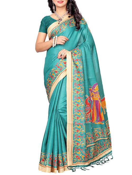 turquoise silk blend printed saree with blouse - 15237593 - Very Small Image - 1