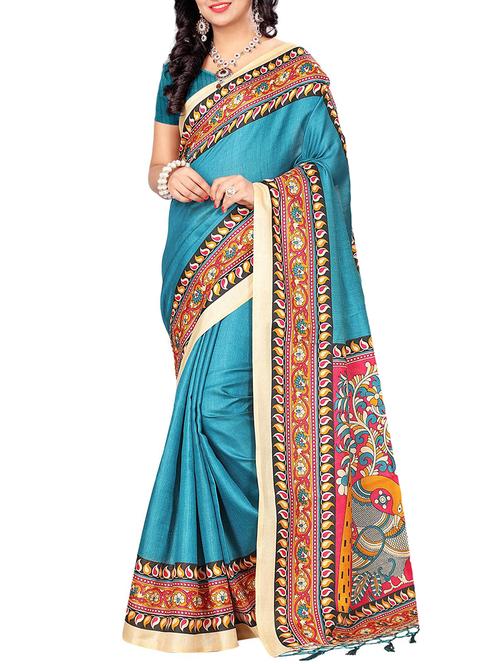 turquoise silk blend printed saree with blouse - 15237597 - Very Small Image - 1