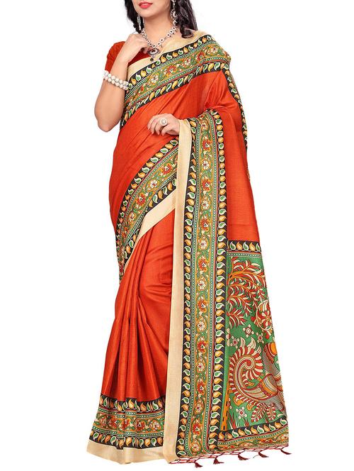 orange silk blend printed saree with blouse - 15237598 - Very Small Image - 1