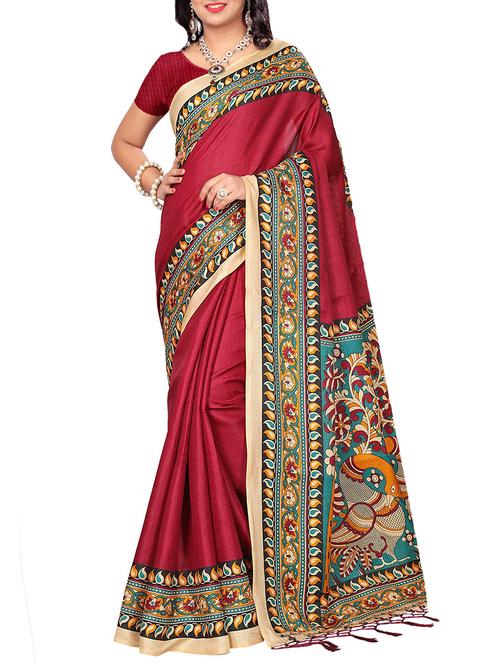 magenta silk blend printed saree with blouse - 15237599 - Very Small Image - 1