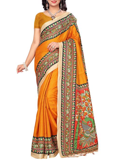mustard silk blend printed saree with blouse - 15237600 - Very Small Image - 1