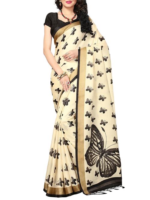 cream silk blend printed saree with blouse - 15237607 - Very Small Image - 1