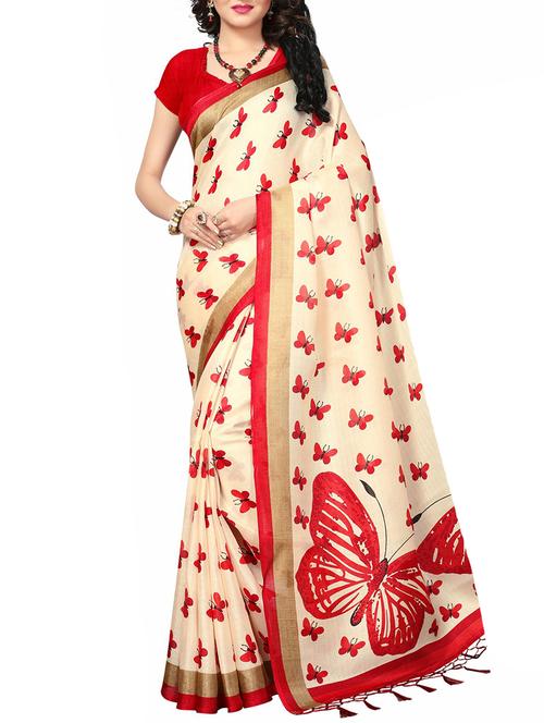 cream silk blend printed saree with blouse - 15237609 - Very Small Image - 1
