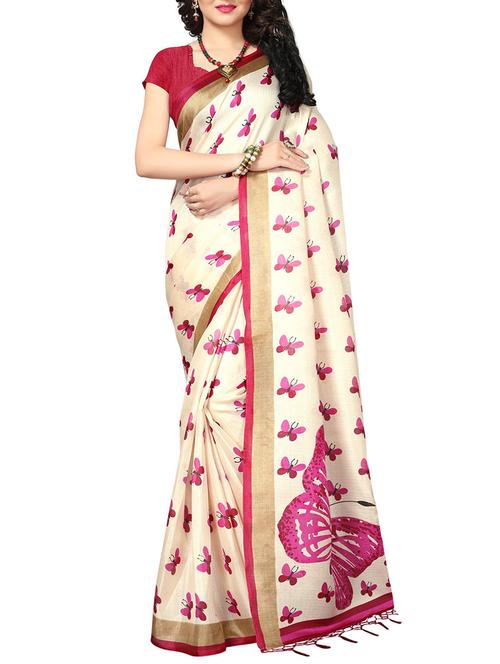 cream silk blend printed saree with blouse - 15237611 - Very Small Image - 1