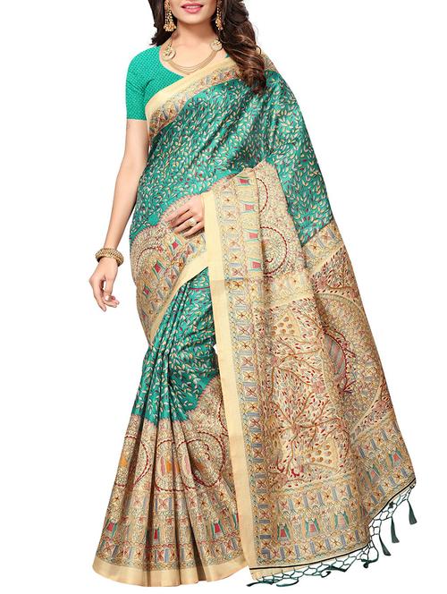 turquoise silk blend printed saree with blouse - 15237622 - Very Small Image - 1
