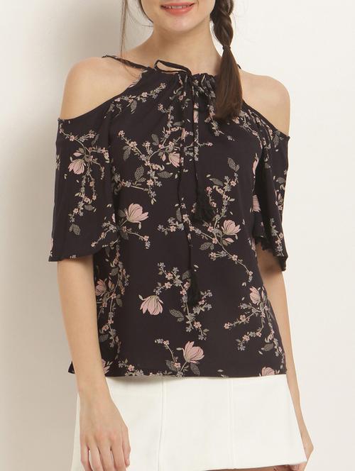 floral cold shoulder tie knot neck top - 15240592 - Very Small Image - 1