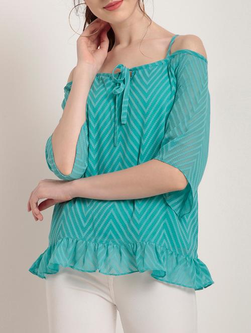 off shoulder chevron ruffle detail top - 15240618 - Very Small Image - 1
