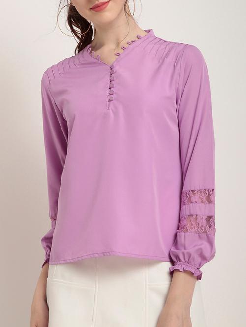 frill detail lace trim sleeved top - 15240631 - Very Small Image - 1