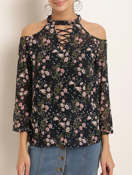 floral cold shoulder mock neck top - 15240703 - Very Small Image - 1
