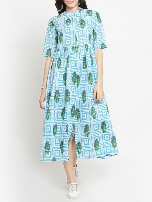 blue printed cotton a-line dress - 15242763 - Very Small Image - 1