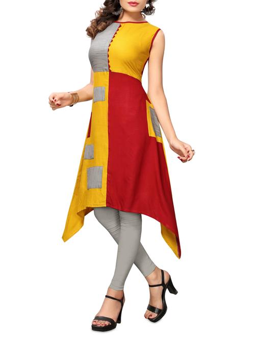 yellow rayon asymmetric kurta - 15249452 - Very Small Image - 1