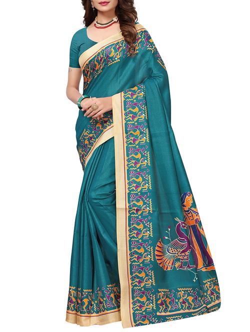 turquoise bordered saree with blouse - 15249535 - Very Small Image - 1