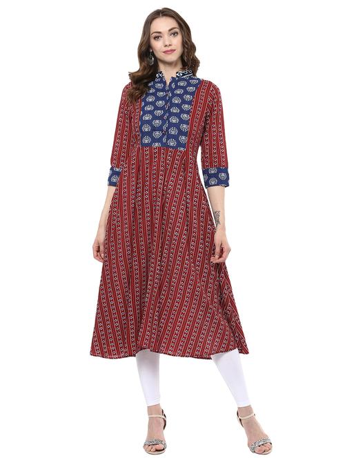 maroon cotton a-line kurta - 15254145 - Very Small Image - 1