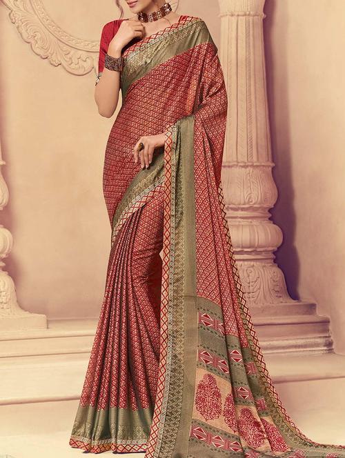 red georgette printed saree with blouse - 15257651 - Very Small Image - 1