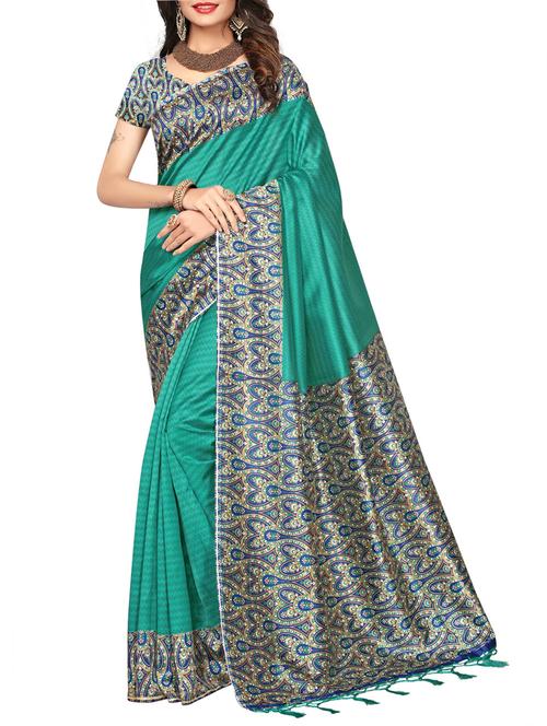turquoise art silk printed saree with blouse - 15257671 - Very Small Image - 1
