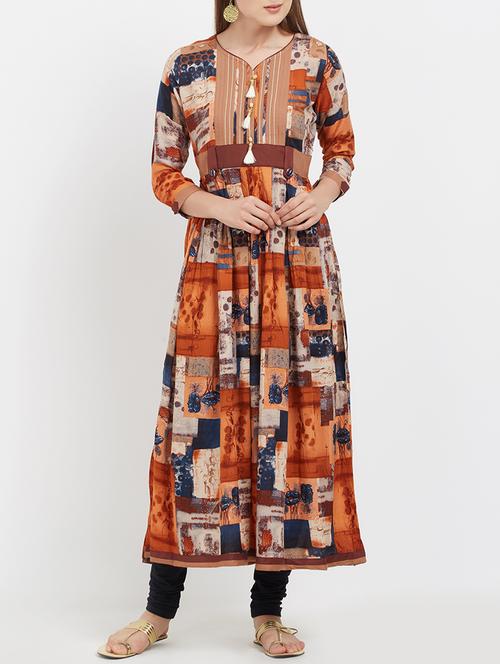 orange rayon flared kurta - 15257886 - Very Small Image - 1