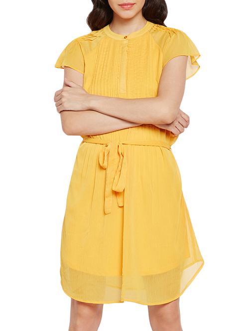 yellow solid belted dress - 15260702 - Very Small Image - 1
