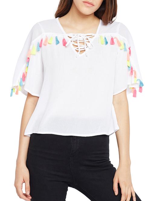 tasseled trim lace up detail top - 15260833 - Very Small Image - 1
