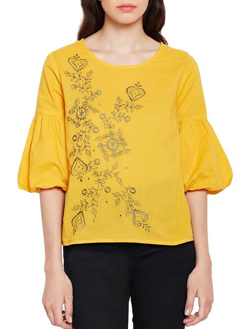 yellow solid cotton embroidered top - 15260847 - Very Small Image - 1