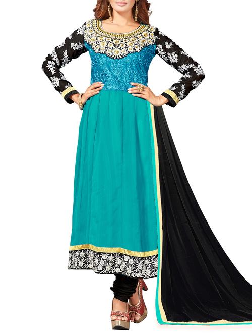 turquoise embroidered semi-stitched churidaar suit - 15261047 - Very Small Image - 1