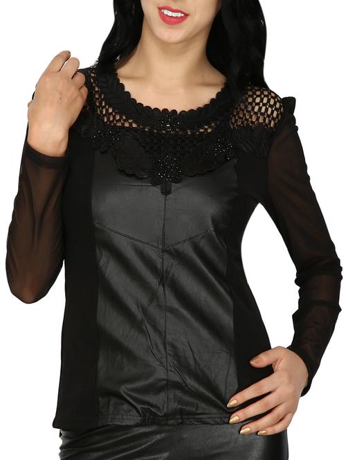 embellished lace yoke leatherette top - 15262248 - Very Small Image - 1