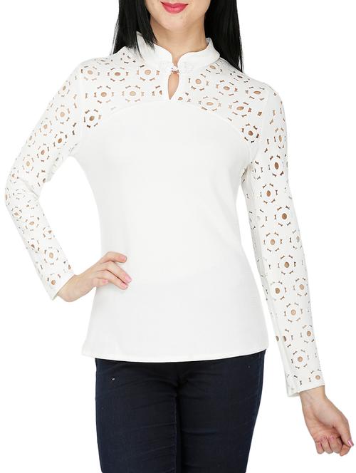cut work paneled mandarin neck top - 15262318 - Very Small Image - 1