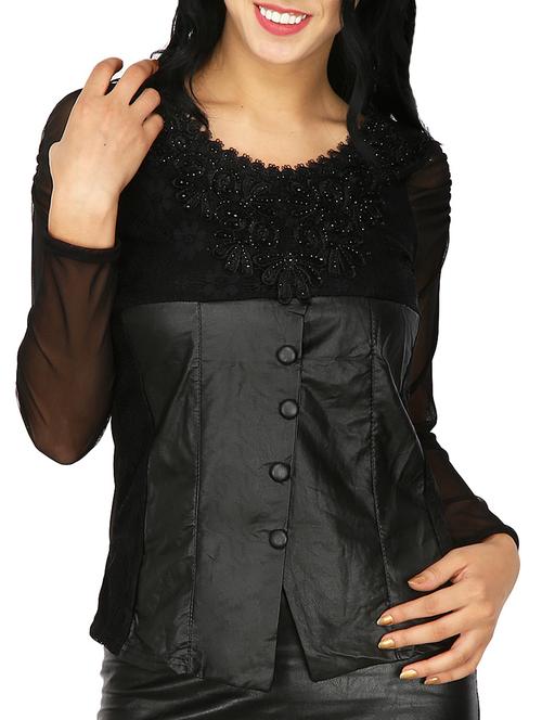 leatherette paneled lace detail top - 15262323 - Very Small Image - 1