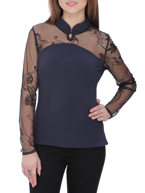mesh paneled mandarin neck top - 15262369 - Very Small Image - 1