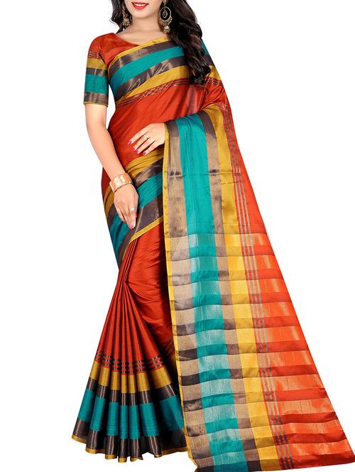 orange cotton bordered saree with blouse - 15264709 - Very Small Image - 1