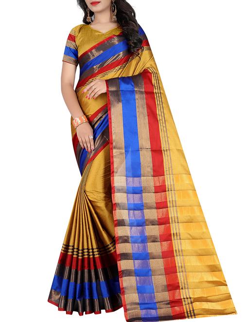 mustard cotton bordered saree with blouse - 15264712 - Very Small Image - 1