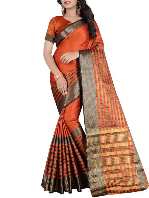 orange cotton woven saree with blouse - 15264724 - Very Small Image - 1
