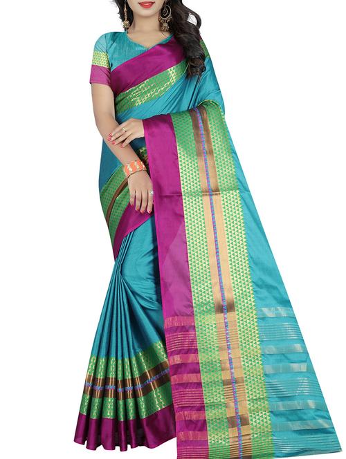 sky blue cotton bordered saree with blouse - 15264736 - Very Small Image - 1