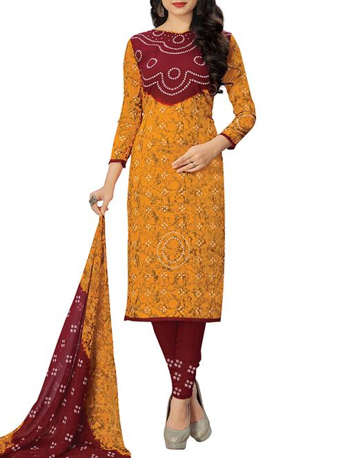 orange synthetic unstitched churidaar suit - 15264765 - Very Small Image - 1