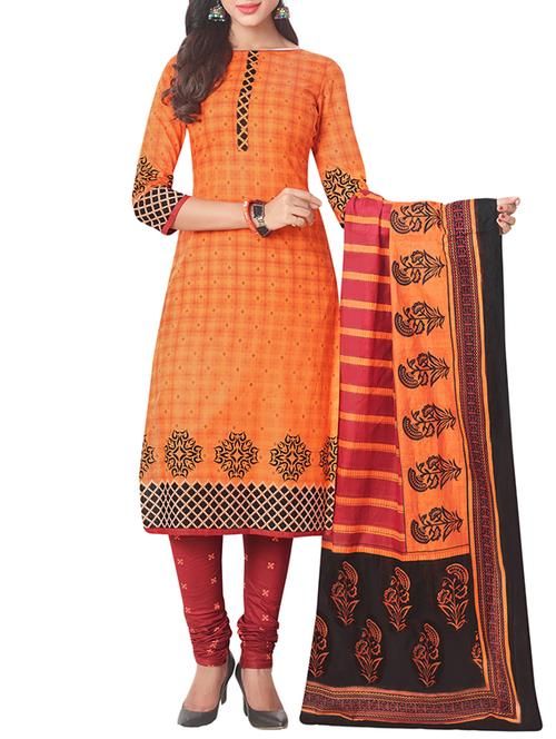 orange cotton unstitched churidaar suit - 15264772 - Very Small Image - 1