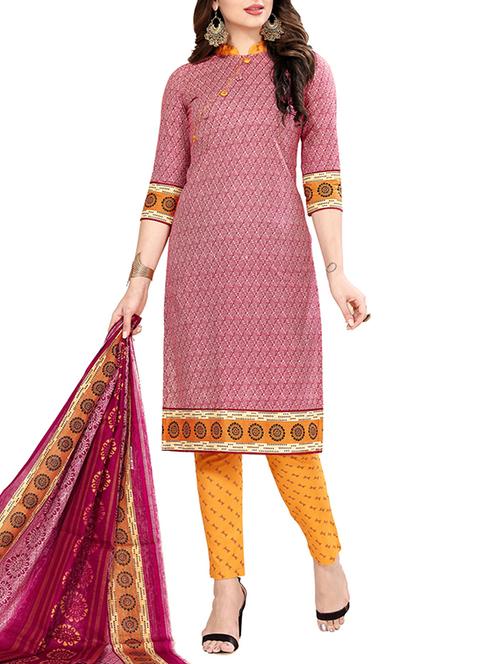 pink cotton unstitched churidaar suit - 15264798 - Very Small Image - 1