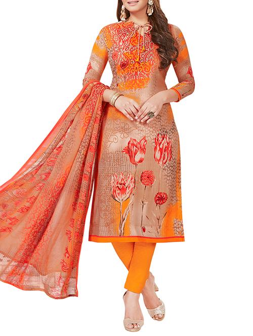 orange cotton unstitched straight pant suit - 15264848 - Very Small Image - 1