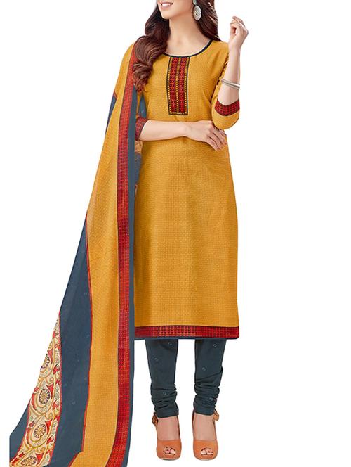 yellow cotton unstitched churidaar suit - 15264864 - Very Small Image - 1