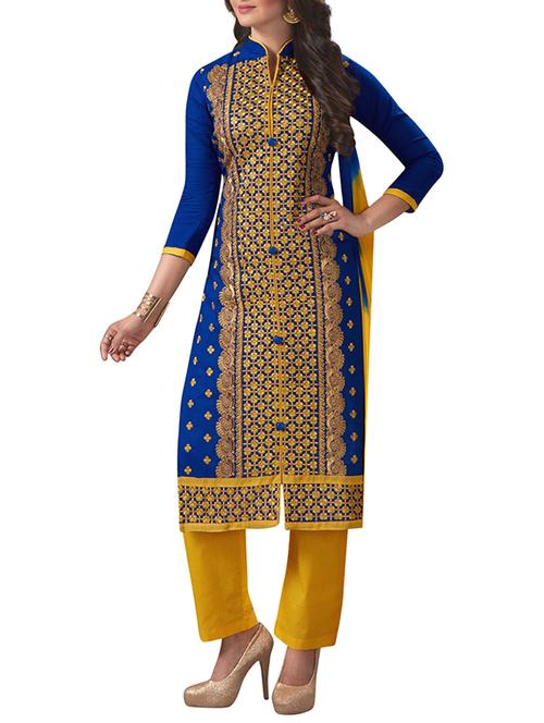 blue cotton unstitched suit - 15265037 - Very Small Image - 1