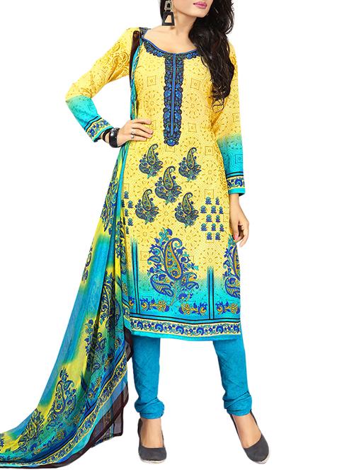 yellow synthetic unstitched churidaar suit - 15265113 - Very Small Image - 1