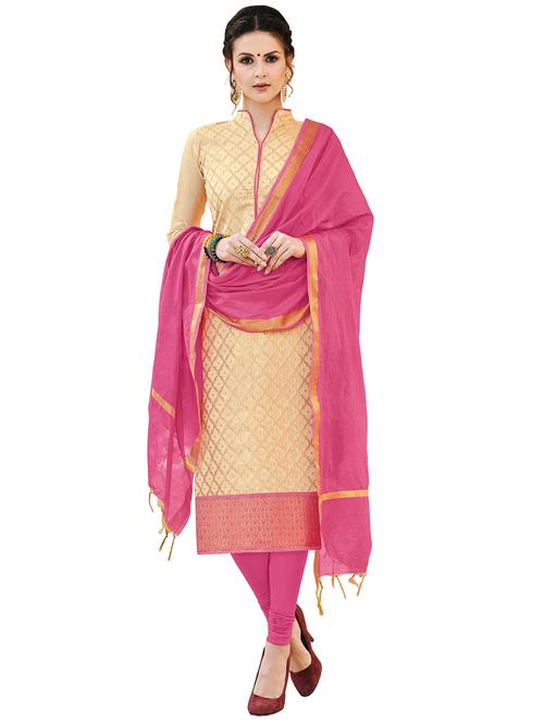 cream silk blend unstitched churidaar suit - 15265700 - Very Small Image - 1